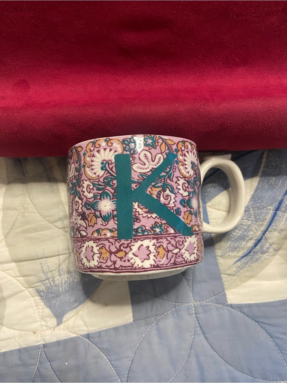 ANTHROPOLOGIE “K”- Monogram Purple Boho Paisley-Floral Coffee Mug